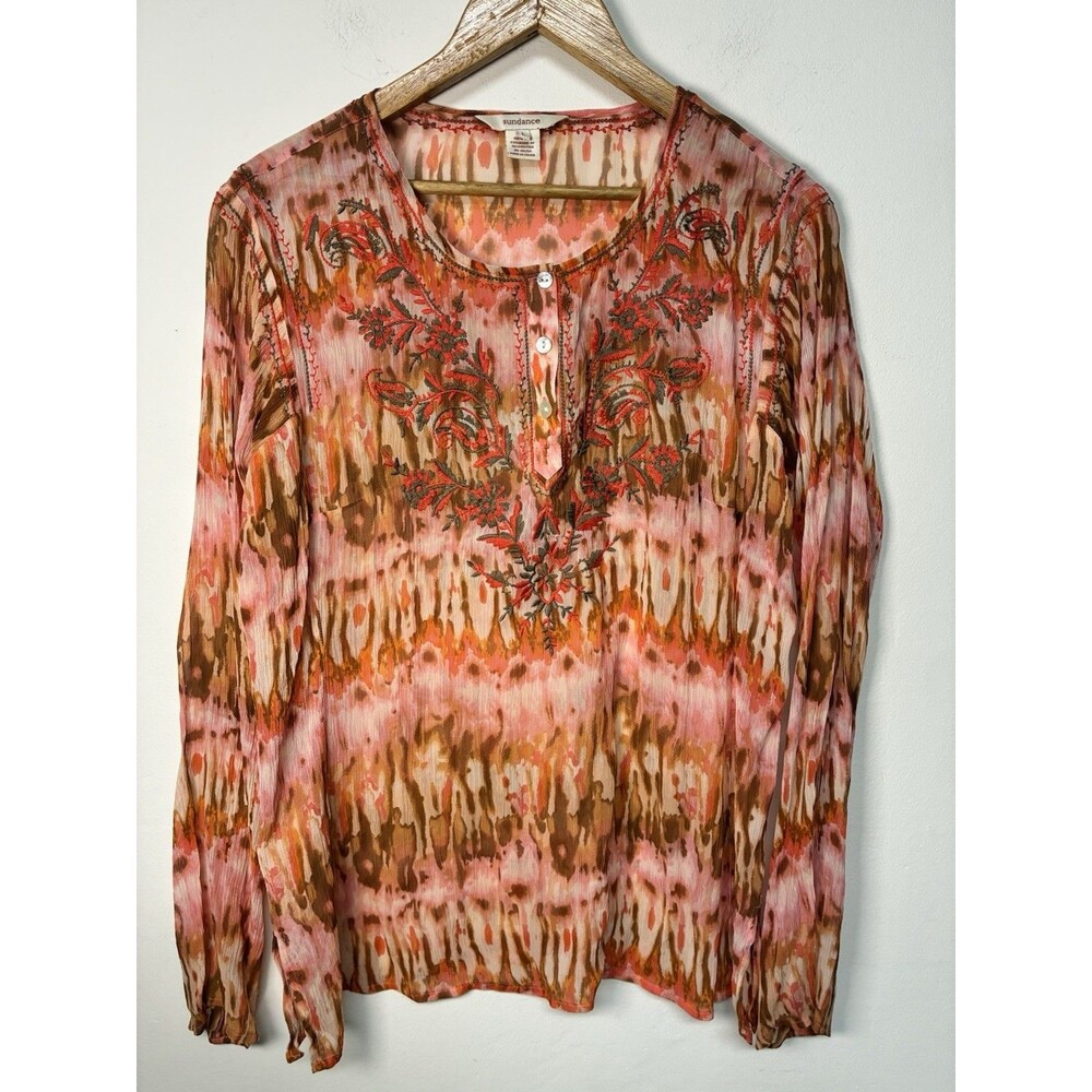 Sundance Embroidered 100% Silk Chiffon Top L Peasant Sheer Boho Pink Popover
